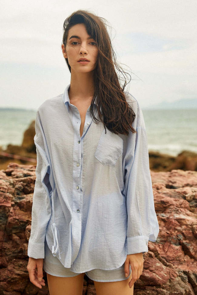 Light Blue Lightweight Button-Up Shirt & Shorts Two-Piece Set