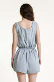 Light Blue Sleeveless Elastic Waist Button Front Denim Romper