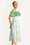 Light Sky Blue Floral Print Asymmetric Ruffled Midi Dress