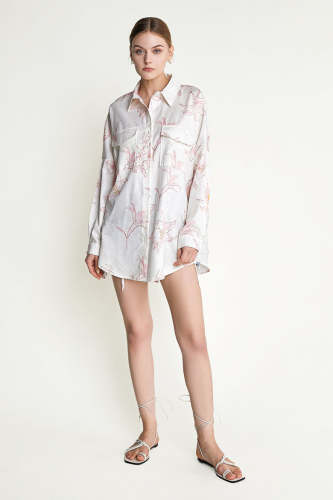 White Floral Print Flap Pocket Detail Oversized Shirt