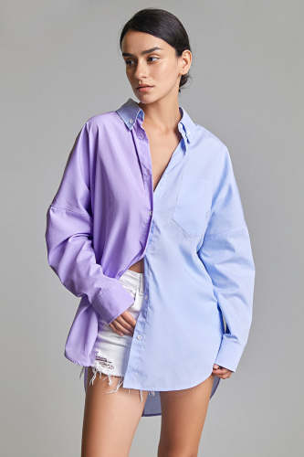 Lavender Color Block Oversized Button-Up Shirt