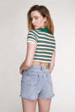 Dark Green Rib-Knit Striped Polo Collar Crop Top