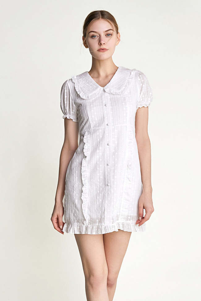 White Embroidery Collared Ruffled Mini Dress