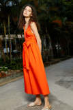 Dark Orange Poplin Deep V Bow Detail Midi Dress