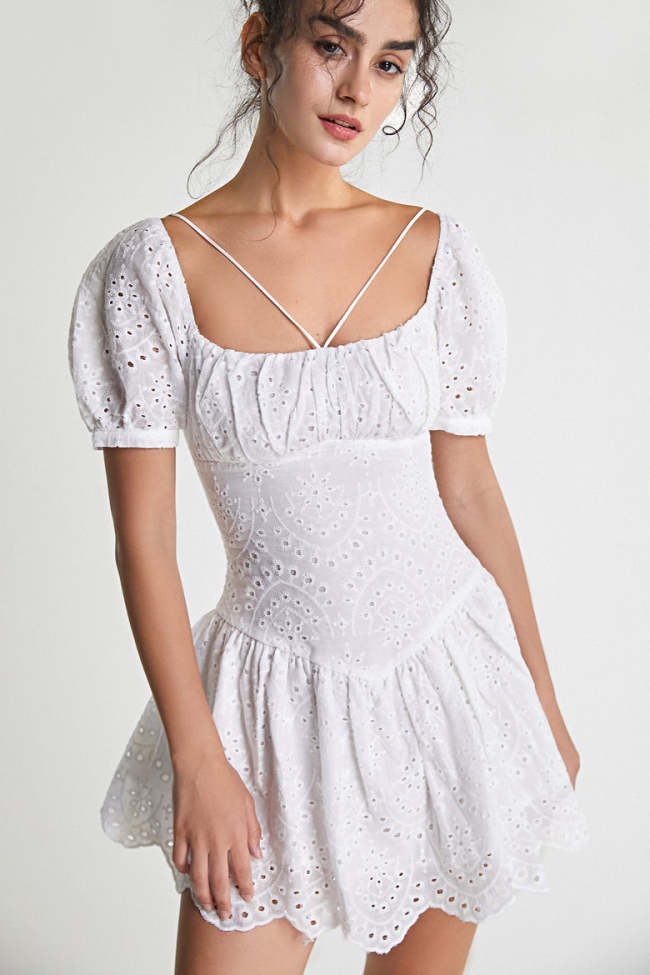 White Embroidered Ruched Bust Strap Detail Mini Dress