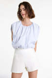 Light Blue Sleeveless Button-Back Ruched Blouse