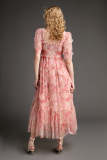 Pink Ruffled Smocked Floral Print Mesh Maxi Dress
