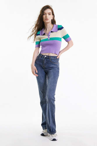 Medium Purple Color Block Polo Collar Rib-Knit Top