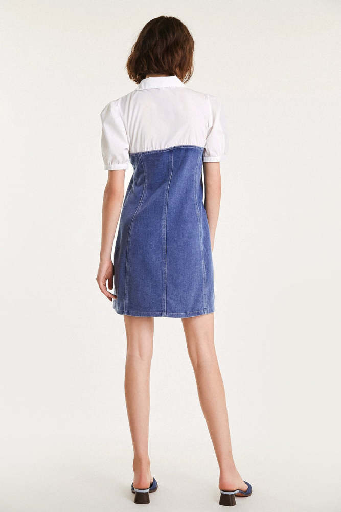 Royal Blue Collared Zip Front Denim Patchwork Mini Dress