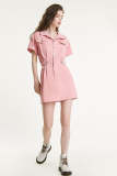 Pink Button Front Pocket Detail A-Line Denim Shirt Dress
