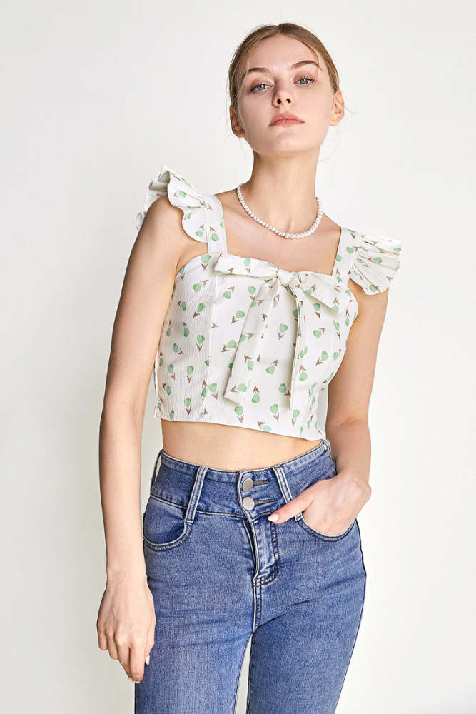 Ivory Floral Print Ruffled Cropped Tank Top