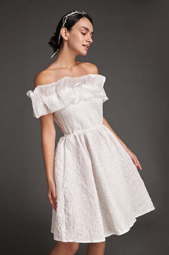 White Organza Ruffle Off-the-Shoulder Textured Mini Dress