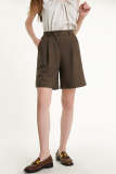 Saddle Brown Half-Elastic Waistband Asymmetric Shorts