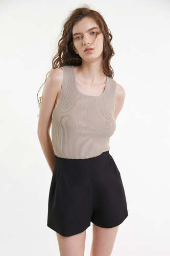 Tan Rib-Knit Scoop Neck Tank Top