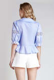 Light Sky Blue Sheer Lace Detail Ruffle Shirt
