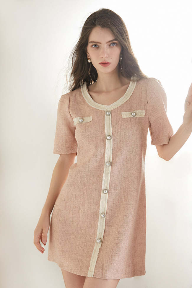 Pink Button Detail V-Neck Short Sleeve Tweed Mini Dress