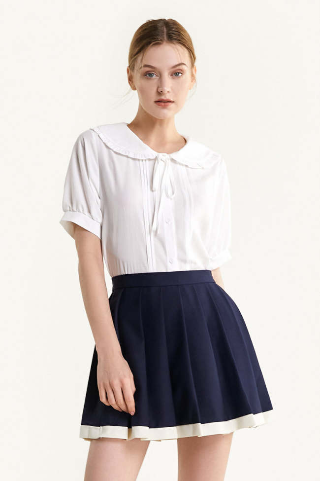 White Button-Up Ruffle-Trim Collar Shirt