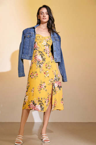 Outlet                Gold Slit Hem Floral Midi Dress