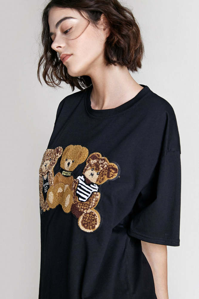 Black Teddy Bear Embroidered T-Shirt