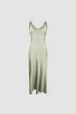 Dark Sea Green Satin Ruched Strap V-Neck Midaxi Dress