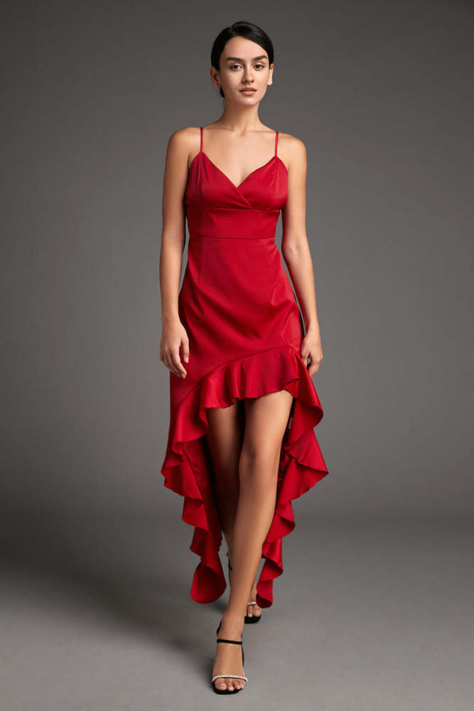 Crimson Satin Ruffled High-Low Maxi Dress