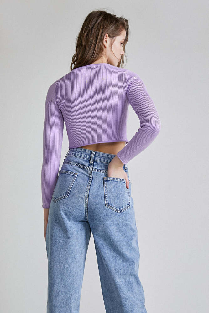 Medium Purple Rib-Knit V-Neck Cardigan