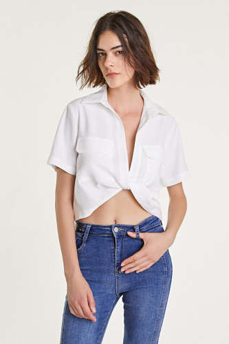 White Linen-Blend Twist Front Pocket Detail Cropped Shirt