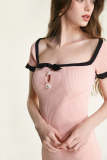 Pink Contrast Trim Bow Detail Rib-Knit Bodycon Mini Dress