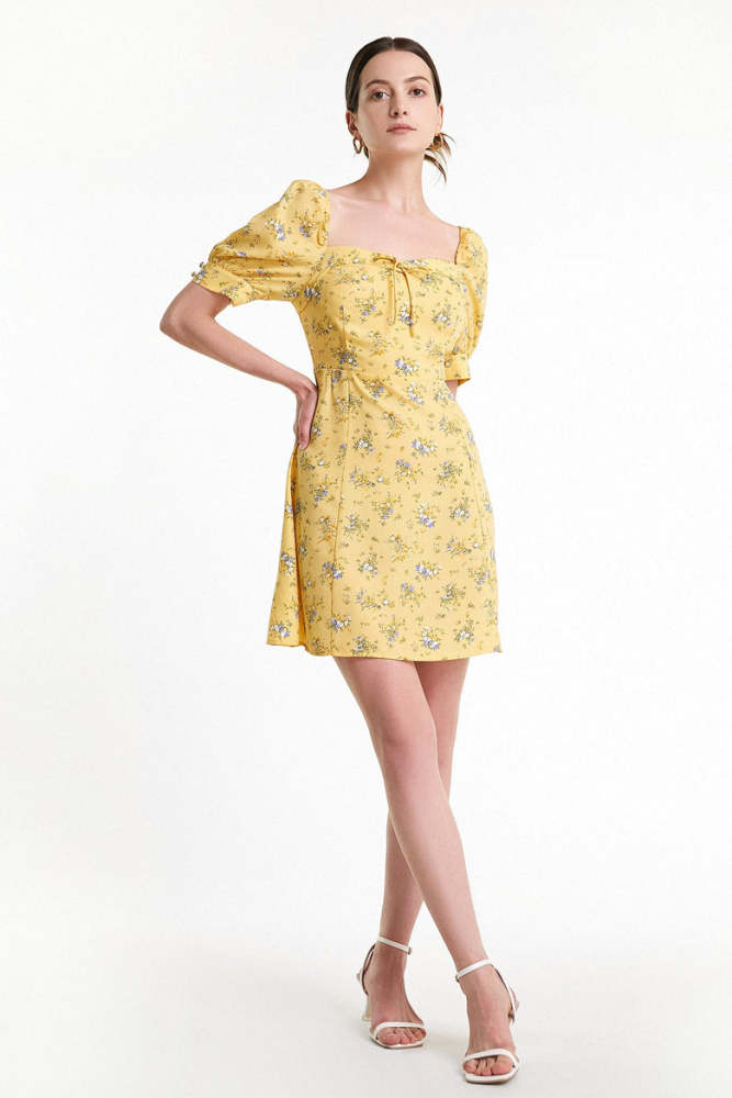 Flash Sale                Yellow Floral Print Smocked Tiered Hem Mini Dress