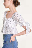 White Floral Print Tie Cuff Cropped Blouse