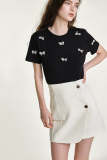 Black Faux-Pearl Bow Embellished Cotton Blouse