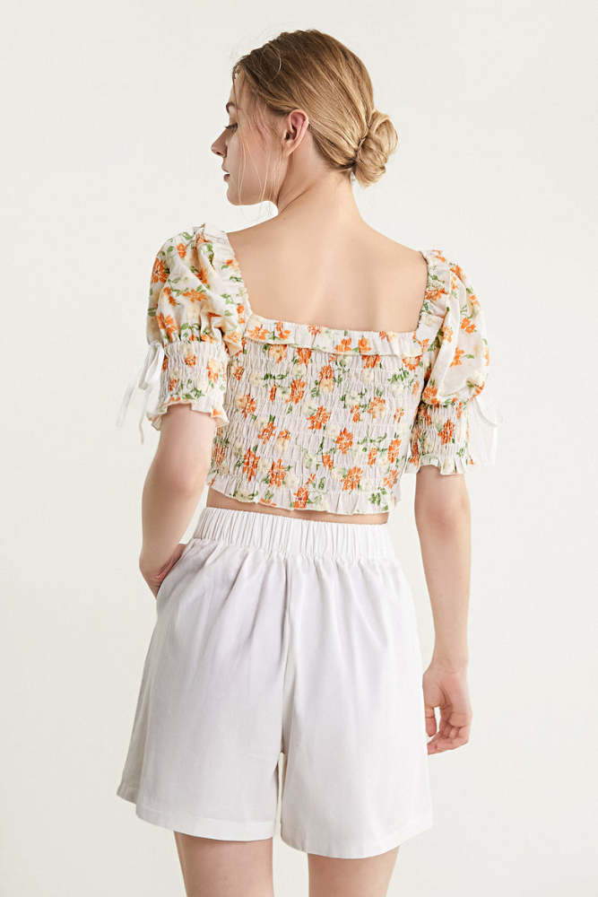 White Floral Print Smocked Ruffled Crop Top