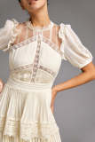 Beige Mesh Lace Trim Pleated Tiered Maxi Dress
