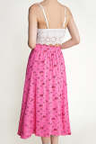 Hot Pink Floral Print Elastic Waist Crinkled Midi Skirt