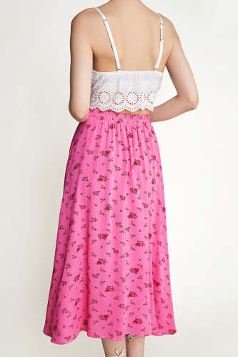 Hot Pink Floral Print Elastic Waist Crinkled Midi Skirt