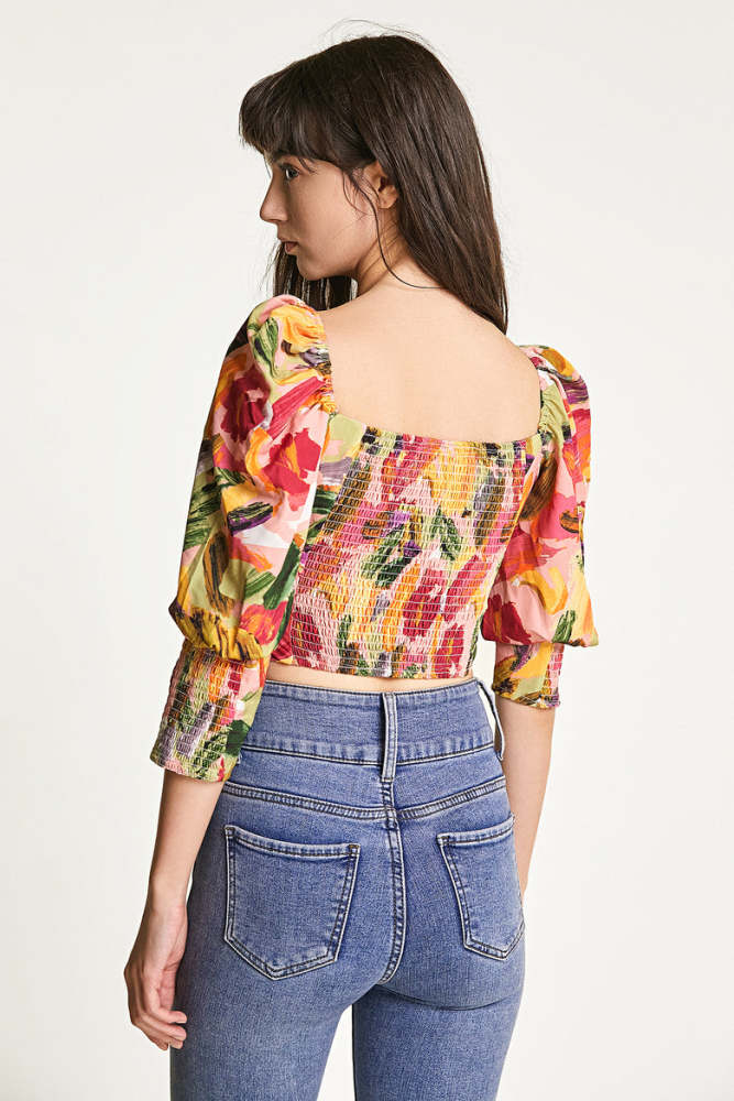 Multicolor Abstract Print Smocked Crop Top