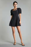 Black Textured Buckle Strap Detail Puff Sleeve Mini Dress