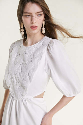 White Waist Cut Out Lace Detail Midi Dress