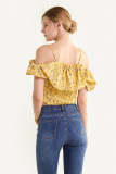 Yellow Ruffled Floral Print Off-the-Shoulder Crop Top