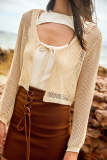 Tan Sheer Crochet Tie Front Long Sleeve Crop Top
