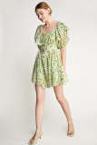 Dark Sea Green Floral Print Off-the-Shoulder Tie Strap Mini Dress