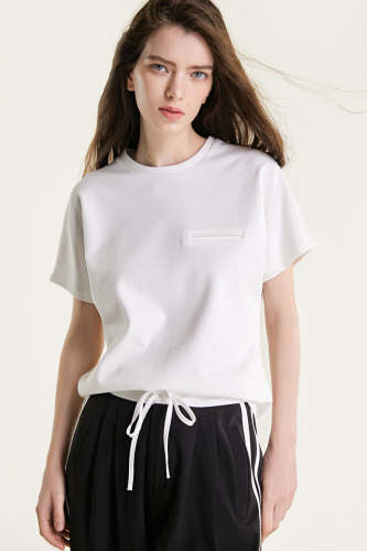 White Mock Welt Pocket Round Neck T-Shirt