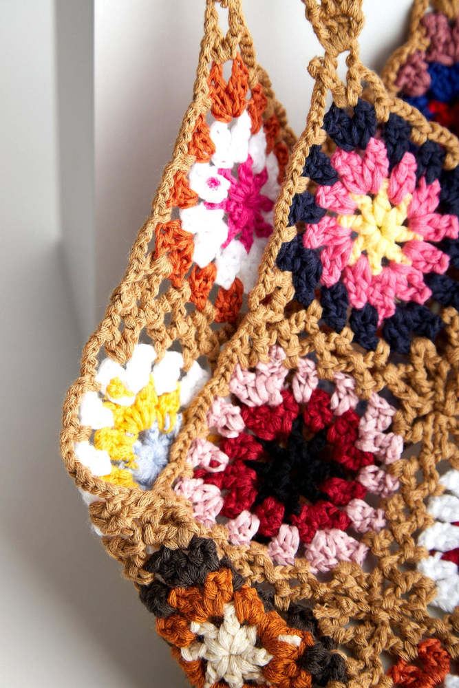 Tan Granny Square Crochet Tote Bag