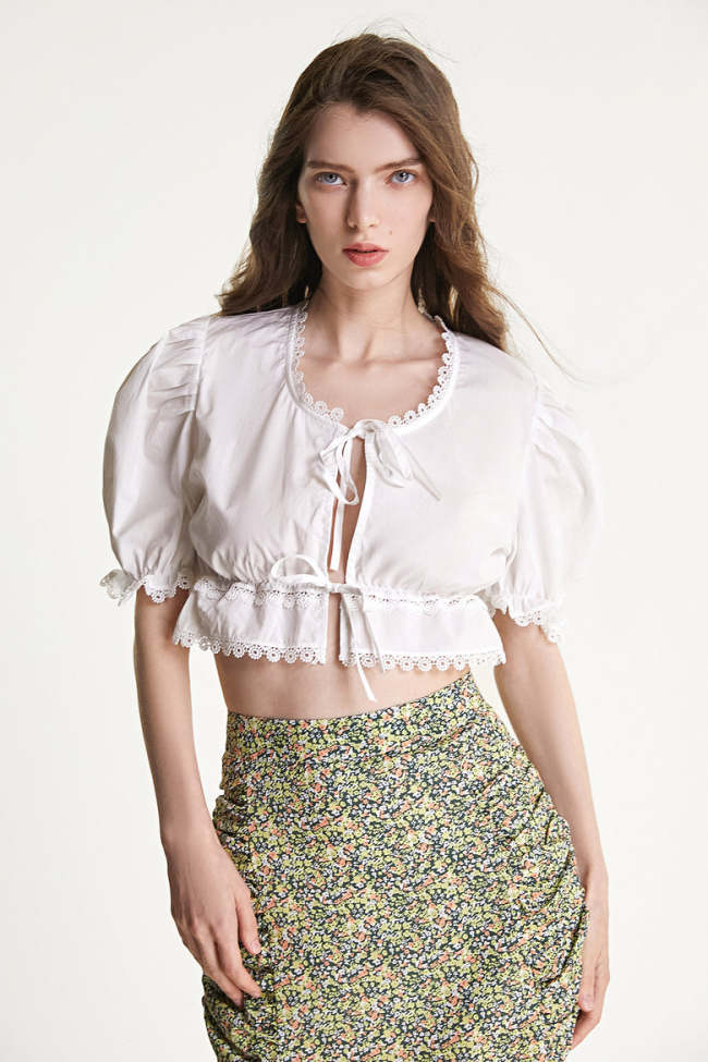 White Tie Front Lace Trim Crop Top