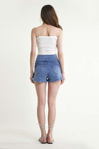 Light Blue High-Waisted Buttoned Tab Detail Denim Shorts