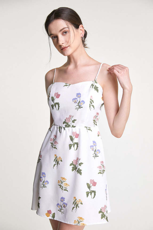 White Floral Print Spaghetti Strap A-Line Mini Dress