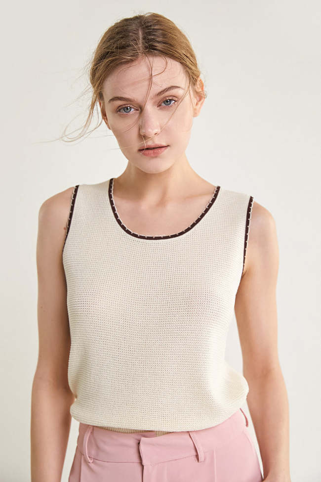Beige Contrast Trim Kitted Tank Top