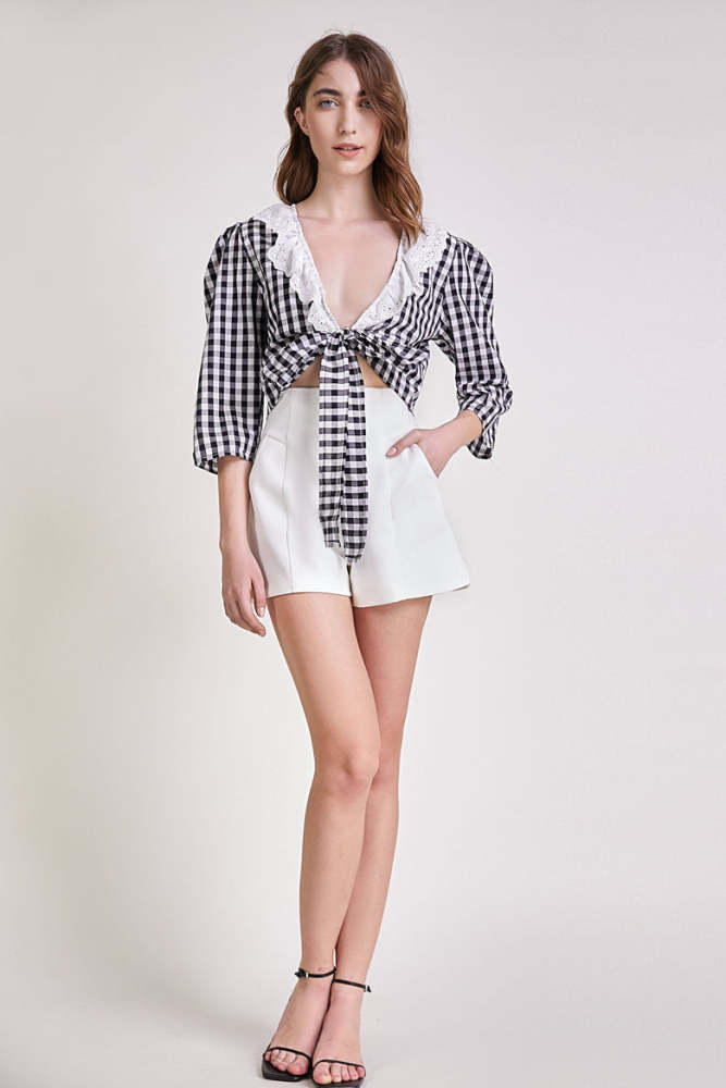 Black Plaid Lace Collar Tie Front Blouse