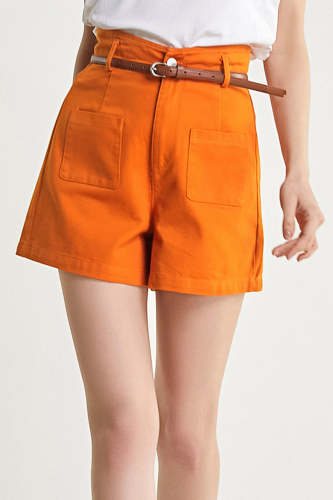 Dark Orange Belted High Rise A-Line Pocket Detail Shorts