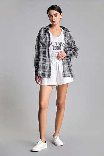 Black Checked Oversized Shirt With Matching Tank Top